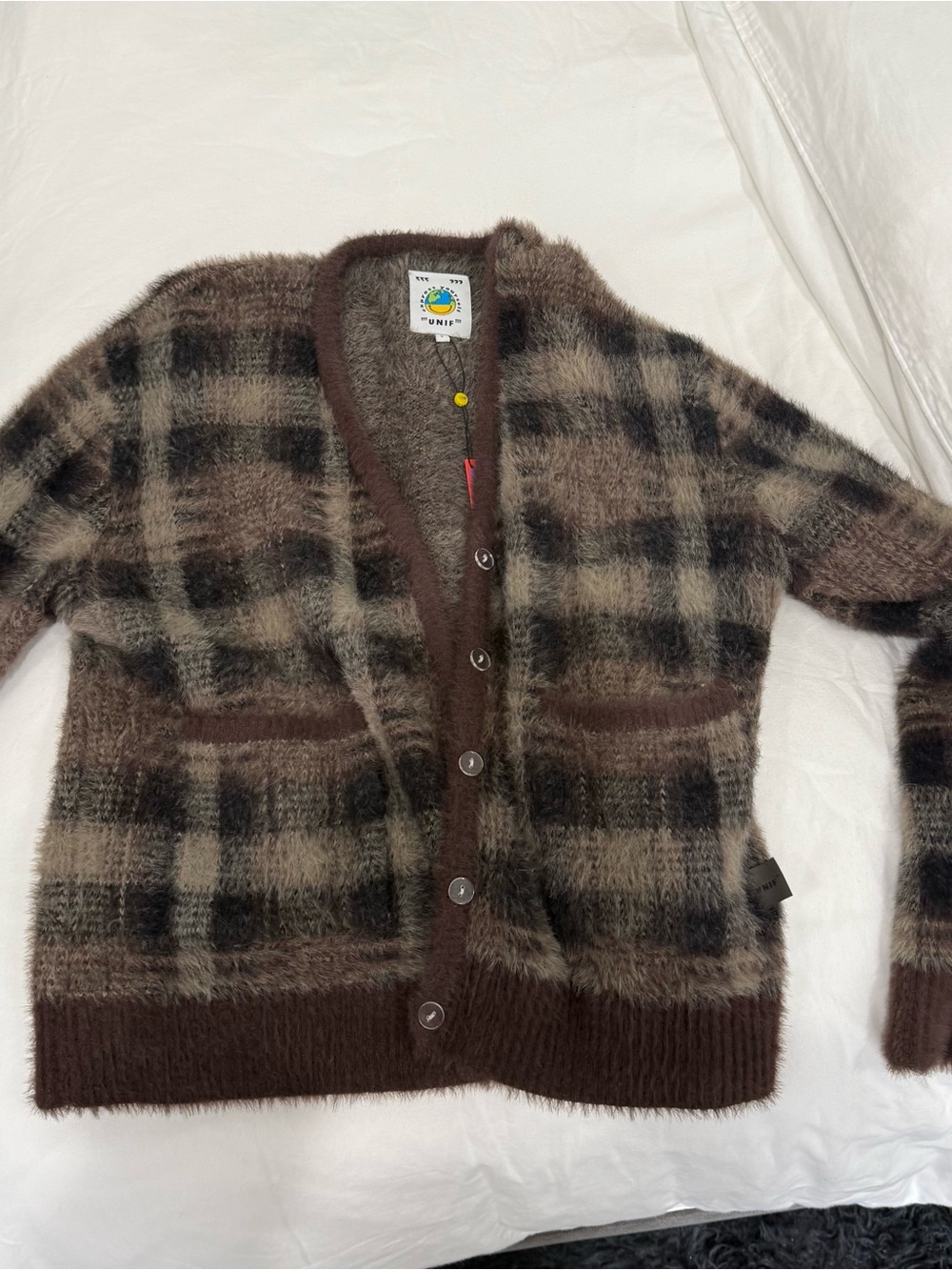 Unif Brown Plaid Mohair-Blend Cardigan Sweater